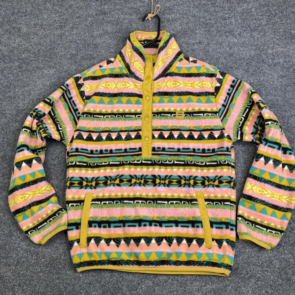 Billabong Multicolor Aztec Fleece Pullover - Pink, Yellow, Green, Black